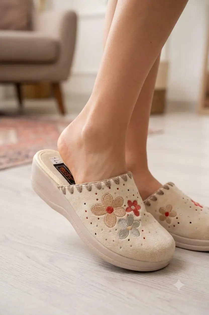 Kadın Bej Çiçek Nakışlı Ev Terliği